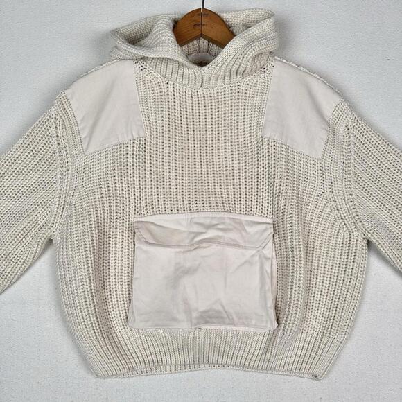 Mango Women’s XS Cropped Hooded Cable Knit Patchwork Sweater Cream Front Pocket - Picture 2 of 9